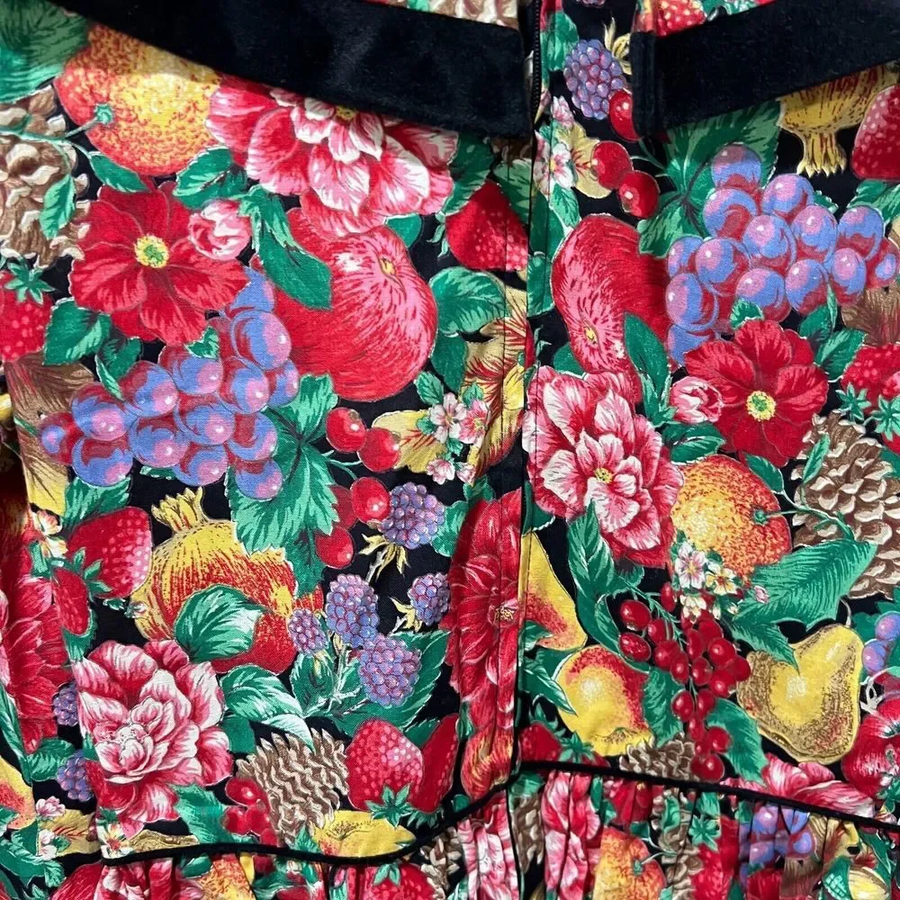 Vtg Picture Me Womens Multicolor Fruit Floral Lace Collar Dress M/L Long Sleeve - Picture 14 of 15